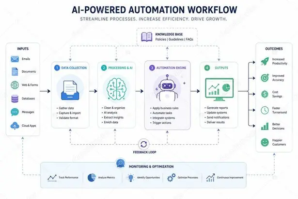 Automated workflow diagram on a laptop screen in an office